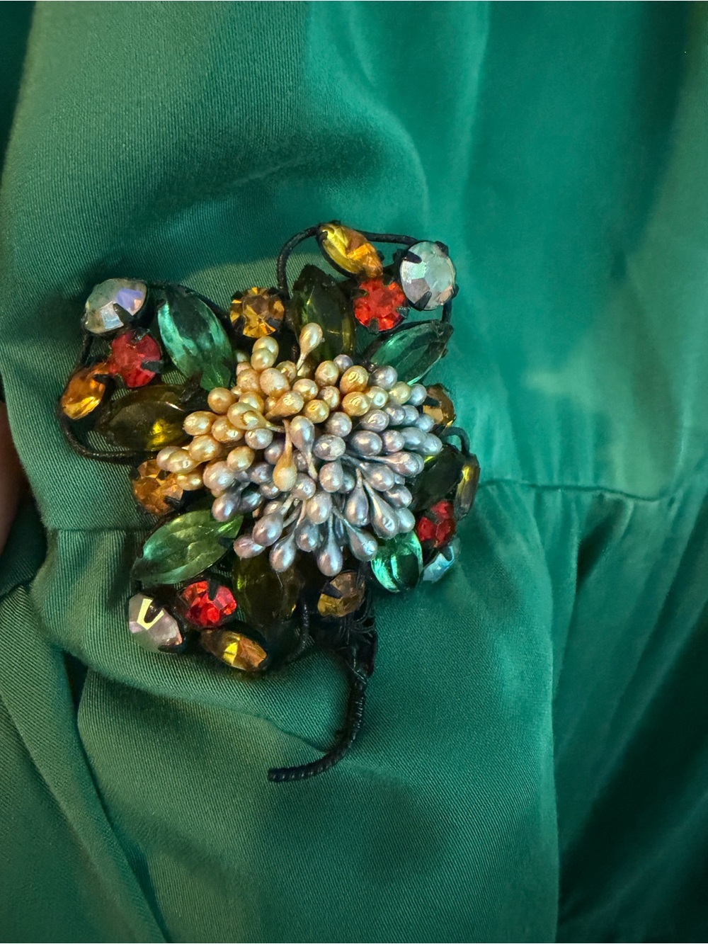 Vintage Green Floral Bead and Crystal Brooch - Green Statement Pin